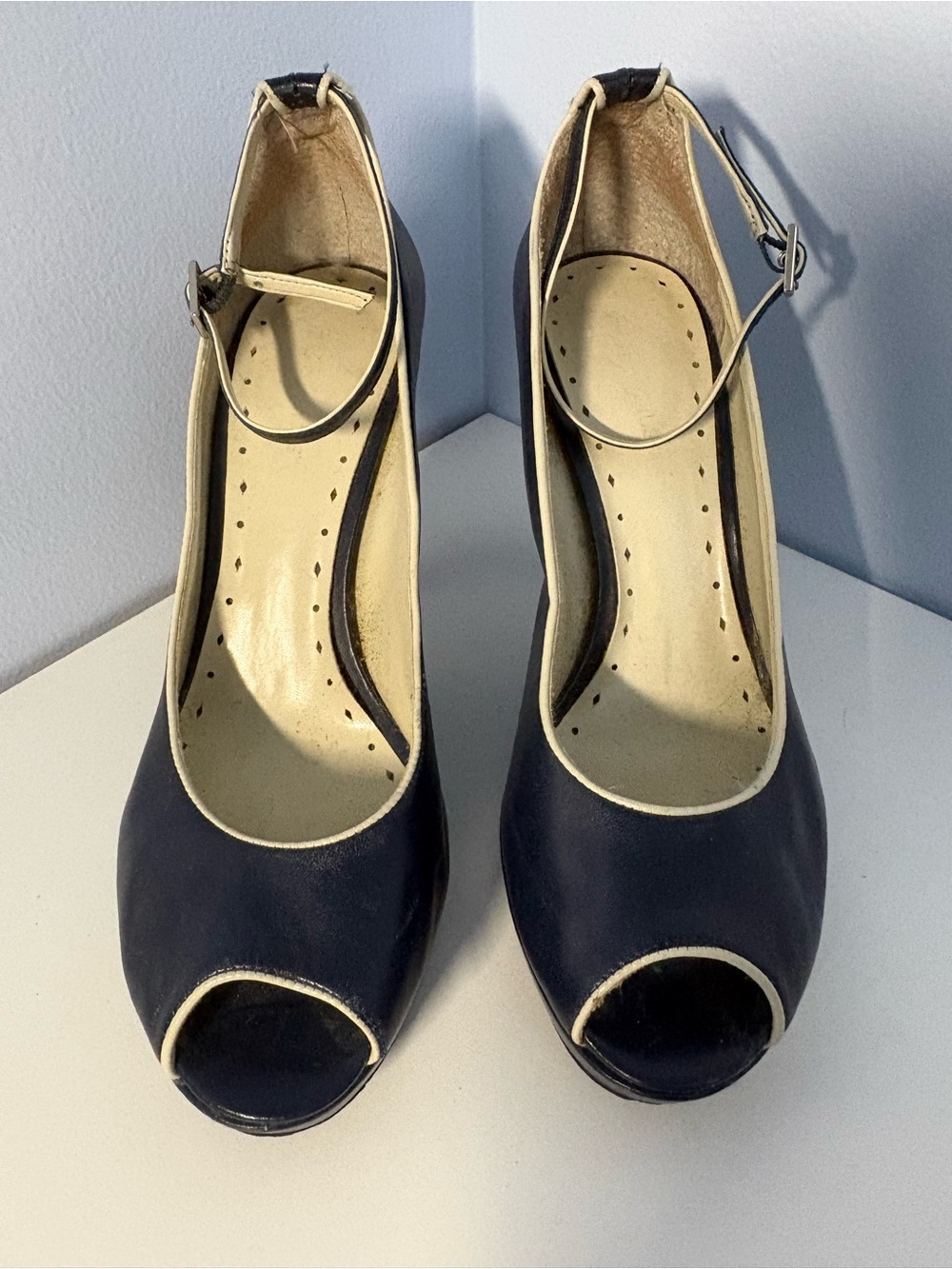 BCBGirls Vintage 2002 Navy Peep-Toe Ankle-Strap Heels with Cream Trim 8